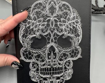 Lacey Skull Embroidered Notepad Holder: White, Gift, Junior Legal, Steampunk, Victorian, Goth