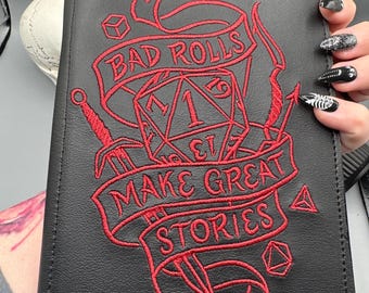 D20 Embroidered Notepad Holder: Red, Gift, Gamer, Junior Legal, Bad Rolls