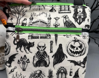Ghoul Friends Cotton Crossbody, goth, gift, halloween, spooky, Black, Green
