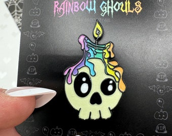Skull Candle Enamel Pin: Rainbow Ghoul Goth Pin