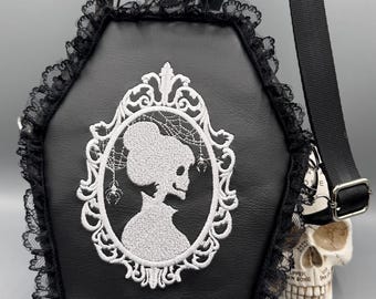 Lady Death Cameo Coffin Crossbody, Lace and Spiders, Goth, Gift