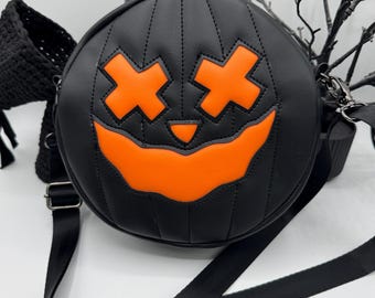 Bolsa circular con parches de calabaza, color negro y naranja neón, años 90, Halloween, gótico, regalo