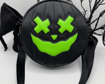 Bolsa circular con parches de calabaza, color negro y verde neón, años 90, Halloween, gótico, regalo