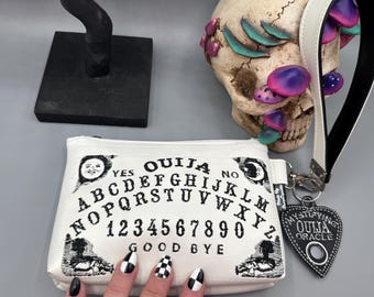 Bolso de mano con diseño de tabla Ouija: blanco, colgante de planchette y llavero