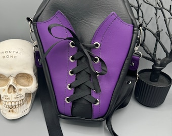 Goth Coffin Bag, Purple and Black Corset Tie, Embellished Strap
