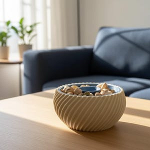 May include: A beige, spiral-patterned serving bowl with a blue interior section, filled with pistachios. The bowl sits on a wooden table in front of a blue sofa. The room has natural light.