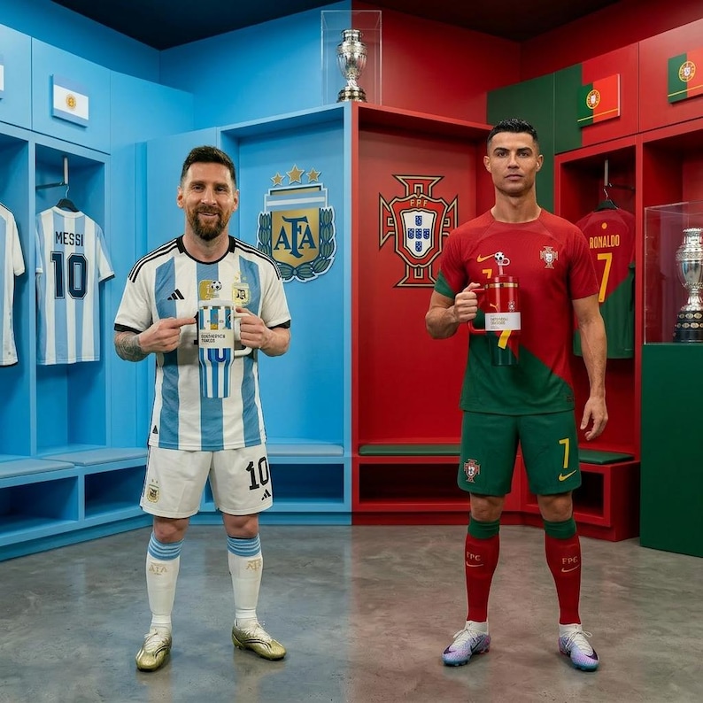May include: Lionel Messi in an Argentina soccer kit holding a white and blue tumbler, and Cristiano Ronaldo in a Portugal soccer kit holding a red and green tumbler. Both stand in front of their respective team lockers with jerseys and logos.