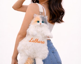 personalized Handmade Plush Cat Backpack: Realistic Novelty Bag