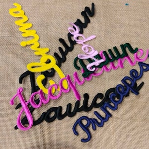 Könnte beinhalten: Sortiment aus bunten gestickten Stoff-Patches mit Namen in Kursivschrift. Die Namen sind Jacqueline, Lauryn, Aimee und Princessa.