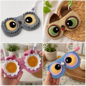 May include: A collection of four handmade crochet eyeglass cases. The cases feature whimsical designs, including owl and daisy shapes, with vibrant colors like gray, pink, blue, yellow, and white. Each case has a strap for easy carrying.