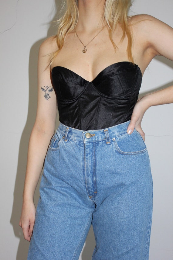 90s Satin Black Bustier 80s Corset Lolita S M Vin… - image 2