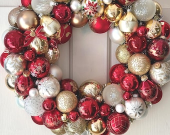 Vintage Christmas Ornament Wreath, Heirloom Holiday Decor
