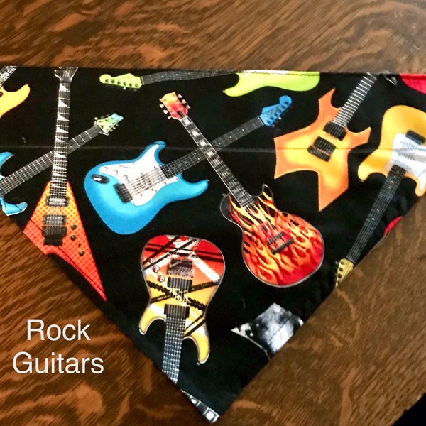 Dog Scarf with Skulls and Guitar, Over the Collar Bandana, Colourful Rock Guitar, Music Dog scarf,