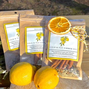 Op de afbeelding: Drie bruine papieren zakjes met witte etiketten waarop "Cold & Flu Simmer Pot" staat. De zakjes bevatten gedroogde citrusvruchten, kaneelstokjes, rozemarijn en eucalyptus. De zakjes zijn vastgebonden met touw en een gedroogde sinaasappelschijf.