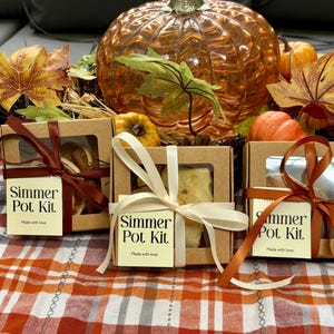 May include: Three square kraft paper boxes labeled Simmer Pot Kit with Made with love text. Each box features a clear window, a satin ribbon, and dried fruit slices inside. The boxes are arranged with decorative pumpkins and autumn leaves.