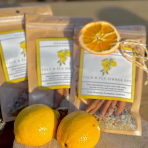 Op de afbeelding: Drie bruine papieren zakjes gevuld met ingredi&euml;nten voor een verkoudheid- en griepstoofpot. De zakjes zijn gelabeld "Cold & Flu Simmer Pot" en bevatten een gedroogde sinaasappelschijf, kaneelstokjes en gedroogde kruiden. De zakjes staan op een houten oppervlak met twee gele citroenen op de voorgrond.