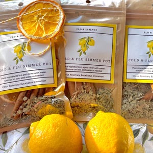 Op de afbeelding: Drie doorzichtige plastic zakjes gevuld met gedroogde kruiden en specerijen voor een stoofpotje tegen verkoudheid en griep. De zakjes zijn gelabeld met "Cold & Flu Simmer Pot" en vermelden de ingredi&euml;nten: Citrus, Rozemarijn, Eucalyptus, Kaneel. Er zijn twee citroenen en een gedroogde sinaasappelschijf op de afbeelding.