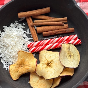 May include: A black cast iron pan filled with ingredients for a holiday treat. The pan contains cinnamon sticks, shredded coconut, dried apple slices, and red and white striped candy canes. The pan sits on a red and white checkered surface.