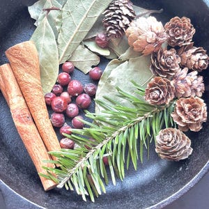 May include: A black cast iron pan filled with various natural ingredients, including bay leaves, cinnamon sticks, pine needles, juniper berries, and pine cones.