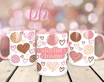 Cafecito y Chisme Mug, Conchas and Coffee Cup, 15oz Coffee Mug