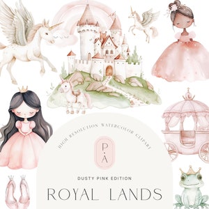 Clipart aquarelle princesses roses - Clipart princesse - Clipart Royal - Clipart licorne - poney - Clipart pour enfants - Licence de vente illimitée