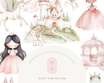 Rosa Prinzessinnen Aquarell Clipart - Prinzessin Clipart - Königliche Clipart - Einhorn Clipart - Pony - Clipart für Kinder - Unbegrenzte Verkaufslizenz
