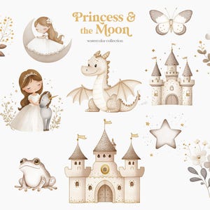 Puede incluir: Ilustraciones de acuarela de una princesa, un drag&oacute;n, un castillo, una rana, una mariposa, un unicornio, una estrella y flores en tonos marrones, blancos y dorados. El texto "Princess & the Moon watercolor collection" est&aacute; en la parte superior de la imagen.