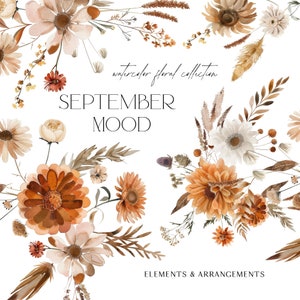 Aquarell Herbst Blumen Clipart - Blumensträuße - Florale Elemente - Herbst Clipart - September Blumen - Neutral - unbegrenzte Verkaufslizenz
