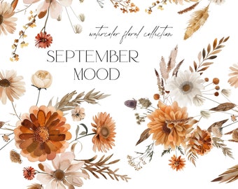 Watercolor Fall Floral Clipart - Floral Bouquets - Floral Elements - Autumn Clipart - September Florals - Neutral - Unlimited Sales License