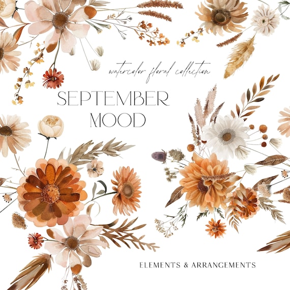 Watercolor Fall Floral Clipart - Floral Bouquets - Floral Elements - Autumn Clipart - September Florals - Neutral - Unlimited Sales License