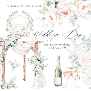Hochzeits-Aquarell-Clipart – Blumensträuße – Hochzeitsblumen – Hochzeitswappen – Aquarell weiße Blumen – Tauben – Unbegrenzte Verkaufslizenz