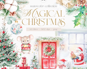 May include: A watercolor illustration of a magical Christmas scene with a red door, a snowman, a Santa Claus, a mouse, a Christmas tree, and presents. The illustration is part of a collection of 63 watercolor files, each at 300 dpi, in PNG format.