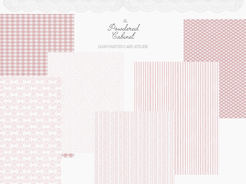 Pode incluir: Uma cole&ccedil;&atilde;o de folhas de papel estampadas em tons de rosa e branco. Os padr&otilde;es incluem xadrez, listras, bolinhas e desenhos florais. O texto diz "- the Powdered Cabinet - HAND PAINTED CARD ATELIER".