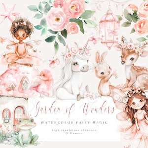 Collection jardin féerique aquarelle - Clipart fée - Jardin magique - Nains de jardin et fées - Fée