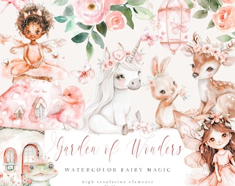 May include: Watercolor illustration of a whimsical garden scene with fairies, a unicorn, a deer, a bunny, a frog, and a bird. The illustration features pink and white flowers, a birdhouse, and a lantern. The text "Garden of Wonders" is written in cursive script.