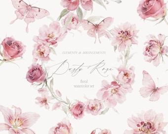 May include: A watercolor floral set featuring pink roses, peonies, and butterflies. The arrangement includes a circular wreath and individual elements. The text reads "Dusty Rose" and "floral watercolor set."