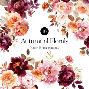 Clipart floral aquarelle - fleurs d'automne - bouquets aquarelles - cadres floraux - clipart mariage - automne - licence de vente illimitée