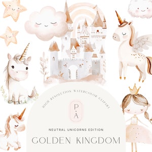 Aquarell weiße Einhörner Clipart - Weiß & Gold - Pegasus Clipart - Schloss Clipart - Kinderzimmer - Königreich Clipart - Unbegrenzte erweiterte Lizenz