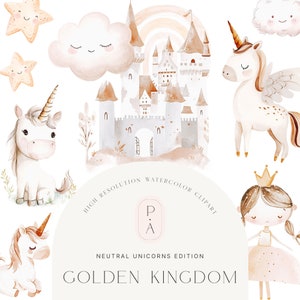 Watercolor White Unicorns Clipart - White & Gold - Pegasus Clipart - Castle Clipart - Nursery - Kingdom Clipart - Unlimited Extended License