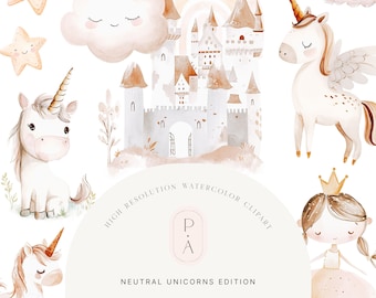 Aquarell weiße Einhörner Clipart - Weiß & Gold - Pegasus Clipart - Schloss Clipart - Kinderzimmer - Königreich Clipart - Unbegrenzte erweiterte Lizenz