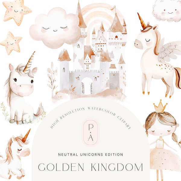 Acquerello Unicorni Bianchi Clipart - Bianco e Oro - Clipart Pegasus - Clipart Castello - Asilo nido - Clipart Regno - Licenza estesa illimitata