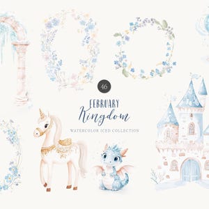 May include: Watercolor illustration set featuring a unicorn, dragon, castle, and floral wreaths. The set is titled "February Kingdom Watercolor Iced Collection" and includes the number 46.