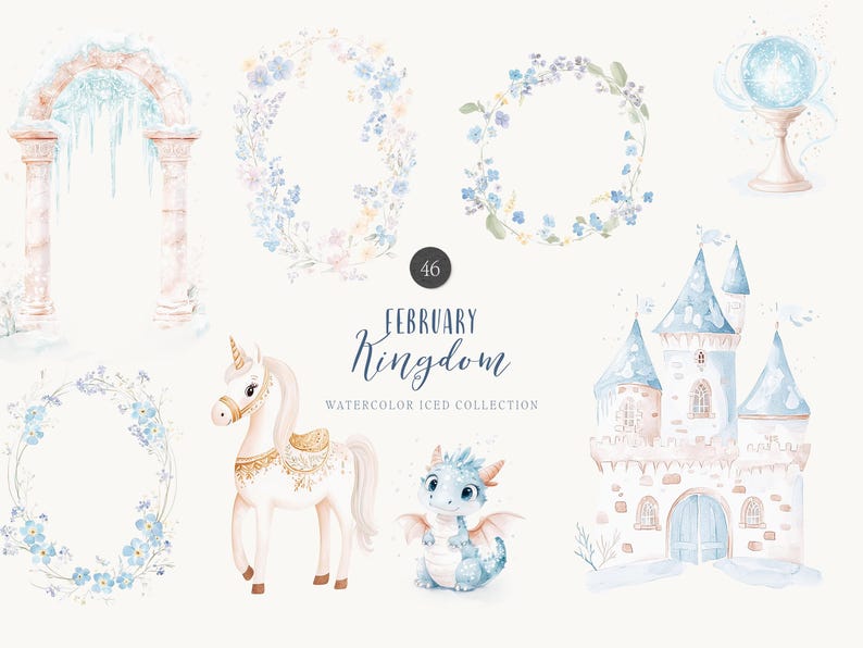 May include: Watercolor illustration set featuring a unicorn, dragon, castle, and floral wreaths. The set is titled "February Kingdom Watercolor Iced Collection" and includes the number 46.