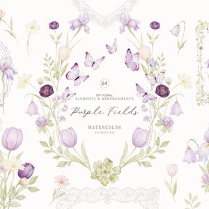Puede incluir: Ilustración en acuarela con elementos florales en tonos morados, rosas y verdes. La imagen presenta iris, tulipanes, mariposas y marcos decorativos. El texto dice "Purple Fields" y "Watercolor Collection".