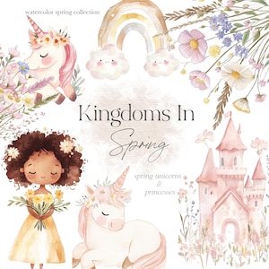 Niedliches Frühlings Königreich Clipart - Aquarell Blumen - Frühlings Blumen - Niedliches Einhorn Clipart - Prinzessin Clipart - unbegrenzte Verkaufslizenz