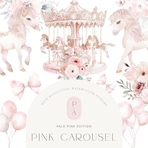 Clipart de carrossel rosa aquarela - Clipart de pônei - rosa claro - detalhes dourados - buquês florais - álbum de recortes - licença estendida ilimitada