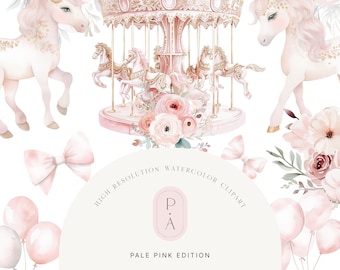 Watercolor Pink Carousel Clipart - Pony Clipart - Pale Pink - Gold Details - Floral Bouquets - Scrapbooking - Unlimited Extended License