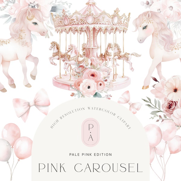 Clipart carrousel rose aquarelle - clipart poney - rose pâle - détails dorés - bouquets de fleurs - scrapbooking - licence à extension illimitée