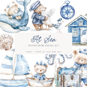 Aquarell Sailor Bär Clipart - Seemann Clipart für Kinder - Kinderzimmer Clipart - Meer Clipart - Boot Clipart - Möwe - Meer Hintergründe