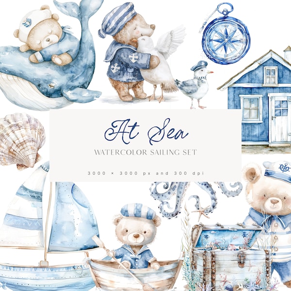 Aquarelle marin ours Clipart - Clipart marin pour enfants - Clipart chambre d'enfant - Clipart mer - Clipart bateau - mouette - fonds de mer